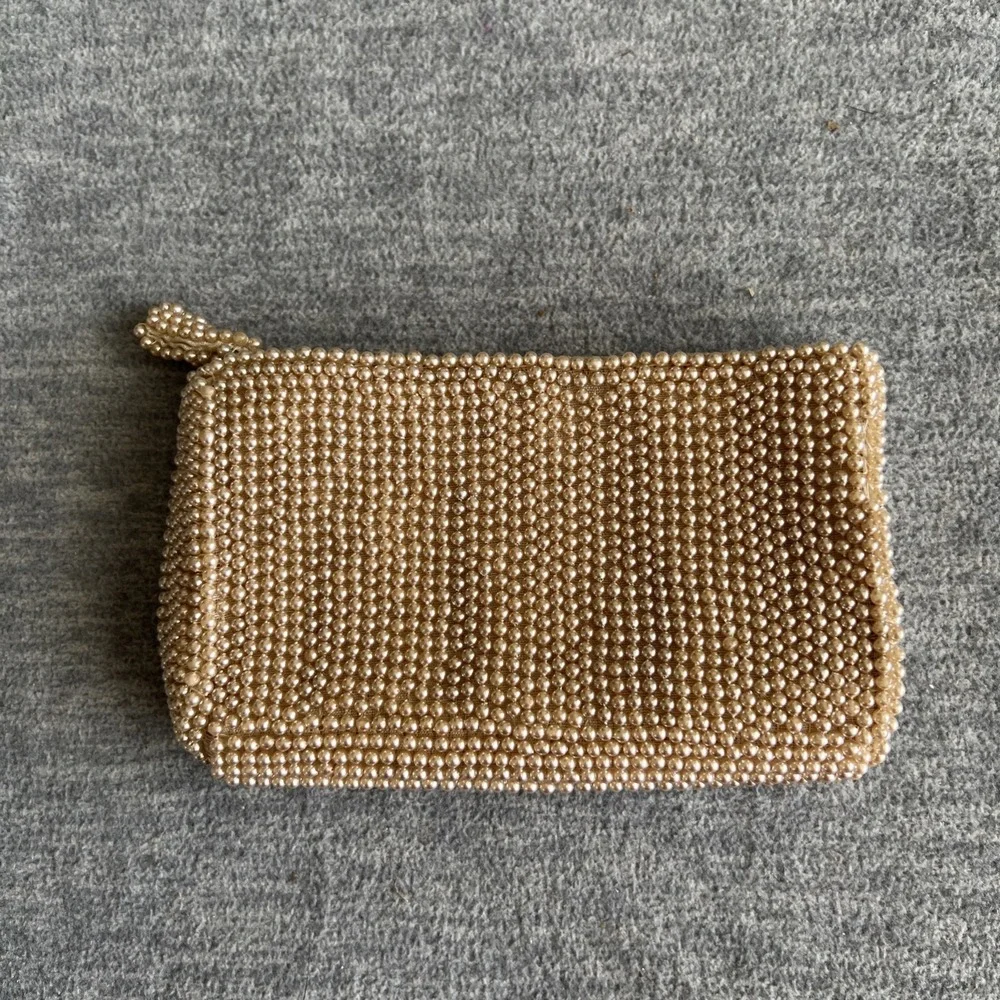 Beaded Coin Purse Small Zipper Bag Vintage Style Pearl Design Made In Japan EUC